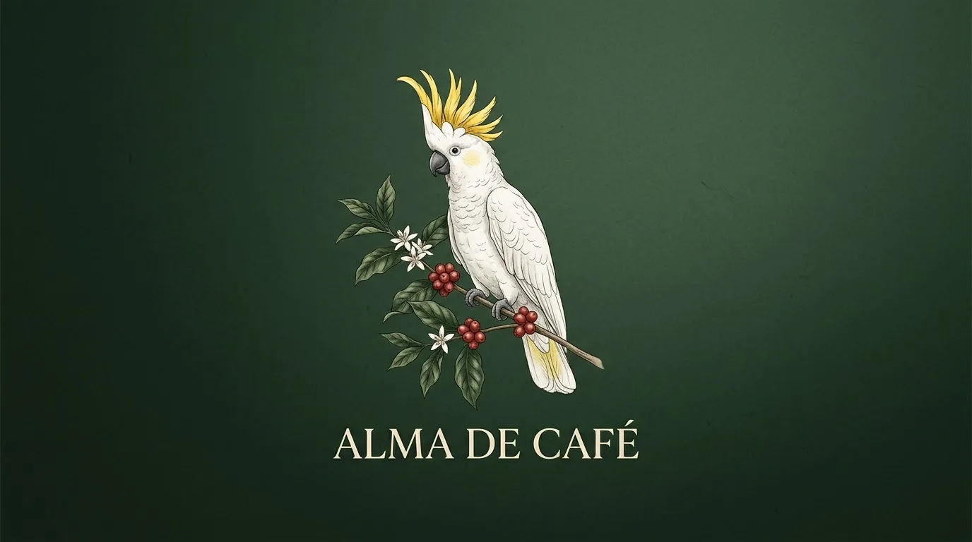 Ilustración de una cacatúa blanca sobre una rama de café